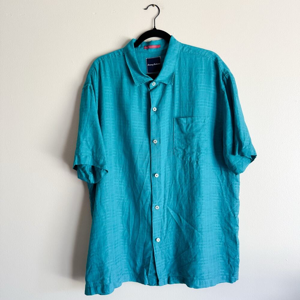 Tommy Bahama Teal Blue Plaid Textured Linen Short Sleeve Button Up XXL Beach